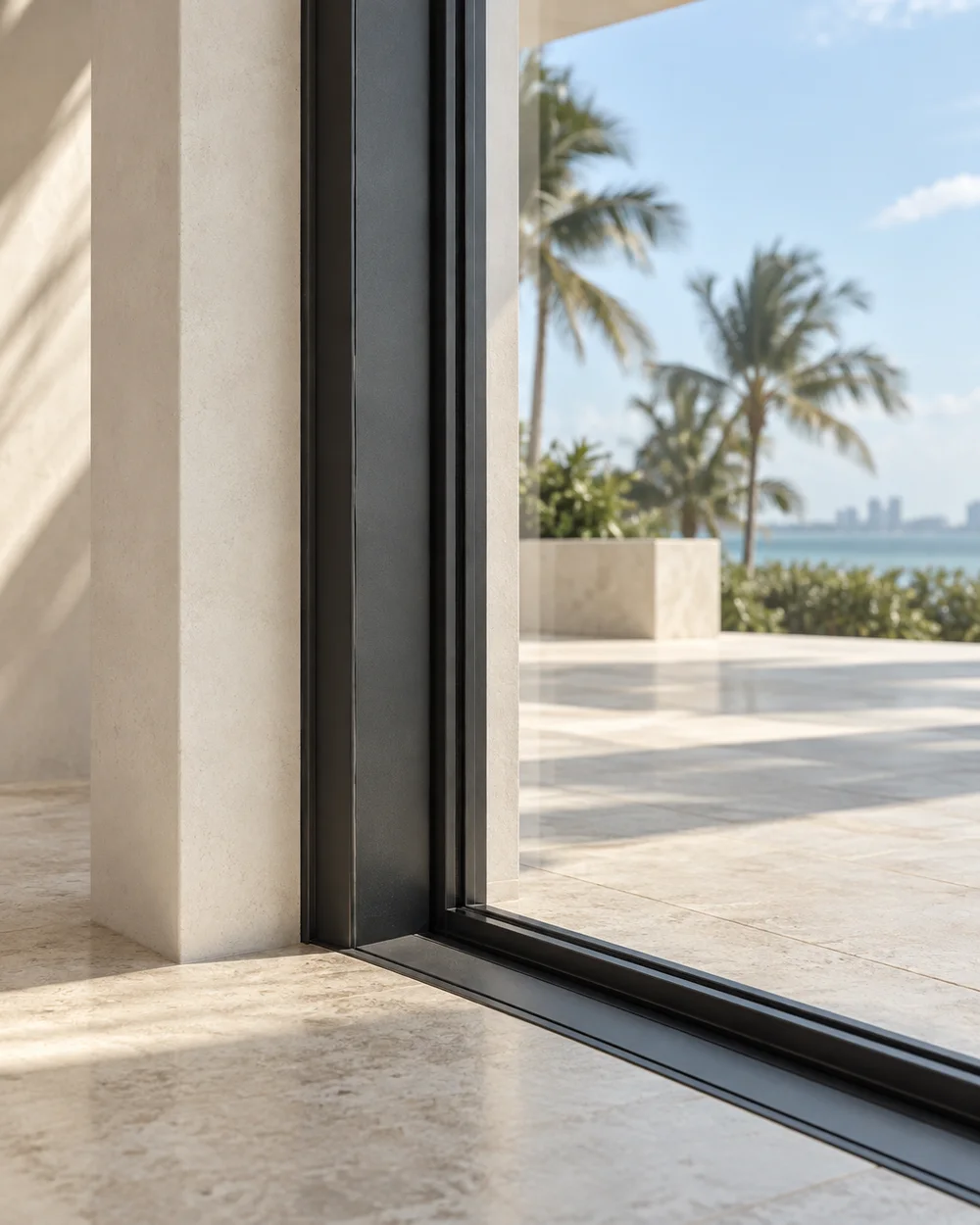 Charcoal glazed-door frame meeting a pale stone threshold, with a sunlit terrace beyond