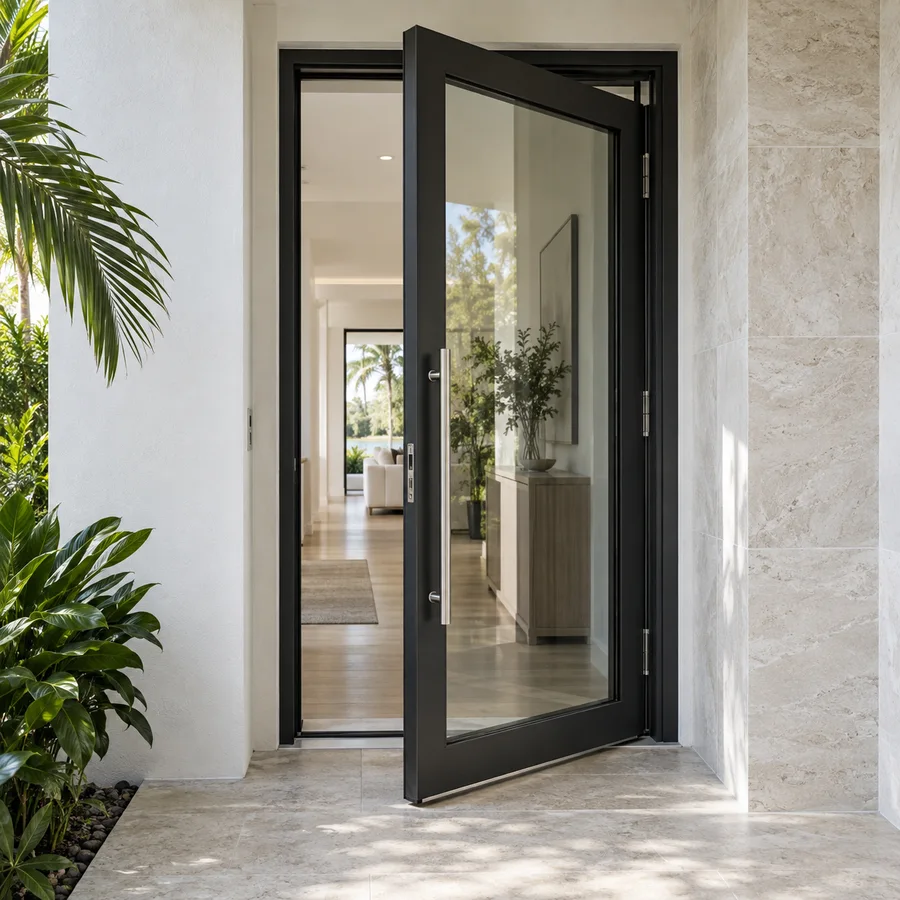 Glazed entry door with a full-height pull handle and a defined threshold