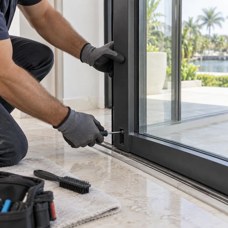 Illustrative hands-on maintenance of an existing sliding-door frame and track