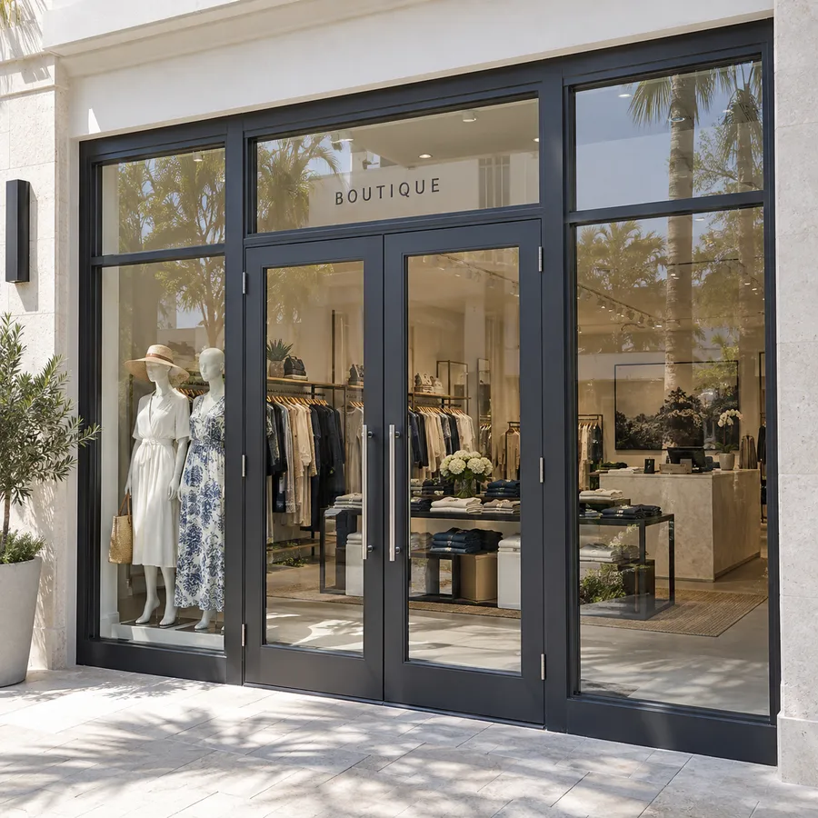 Commercial boutique storefront with framed glass entrance doors and retail displays