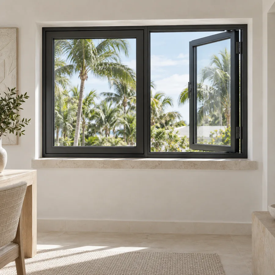 Charcoal-framed residential windows above a stone sill, looking onto tropical greenery